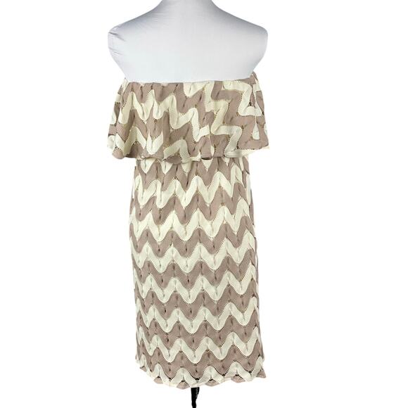 JUDITH MARCH ANTHROPOLOGIE Mini Dress Chevron Boho Crochet Lace Ivory Tan sz L - Picture 2 of 13